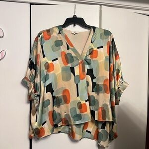 entro Geometric Print V-Neck Blouse in Cream, Mint & Rust